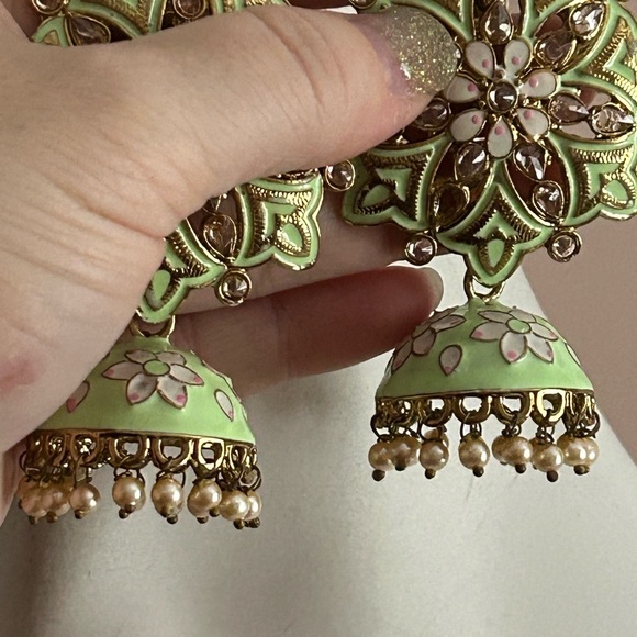 5/$100 Green enamel Kundan jhumkas earrings 70mm - Picture 1 of 7